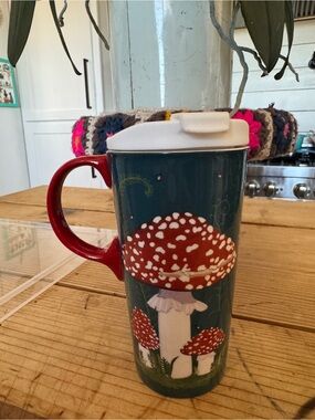 Evergreen Mushroom Travel Mug w/ Lid | 6.5” Tall | Cottagecore Forest Design